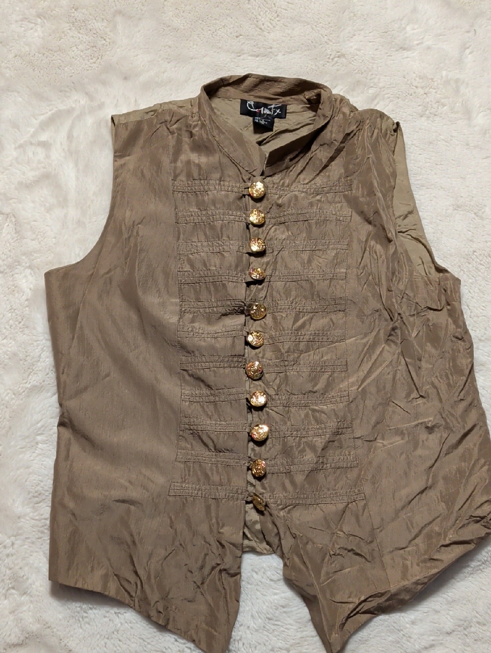 Silk Vintage-Inspired Sleeveless Button Front Vest in Taupe with Gold Buttons